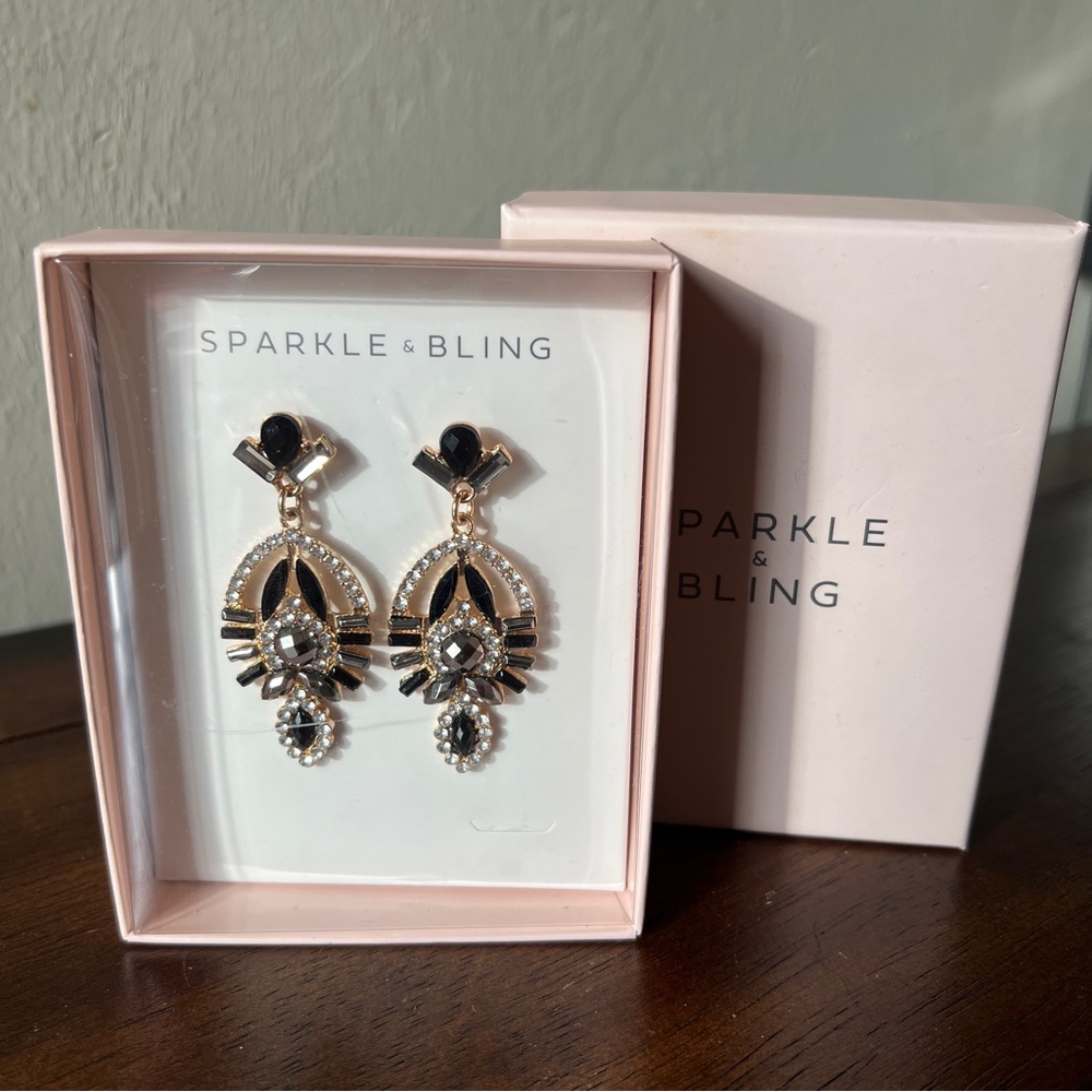 Sparkle Bling Earrings Dangle Statement Black Gold Tone Crystal Rhinestone